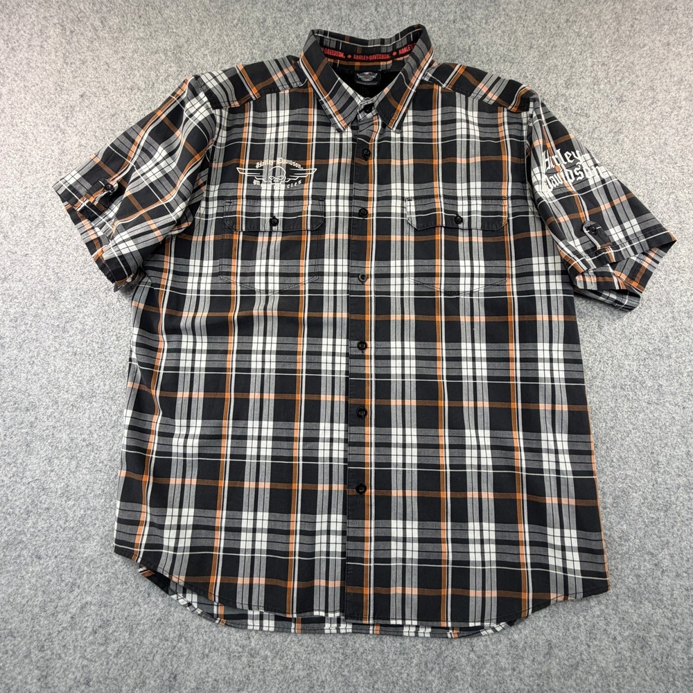 Harley-Davidson Mens 2XL Plaid Short Sleeve Button Down Willie G Skull Shirt